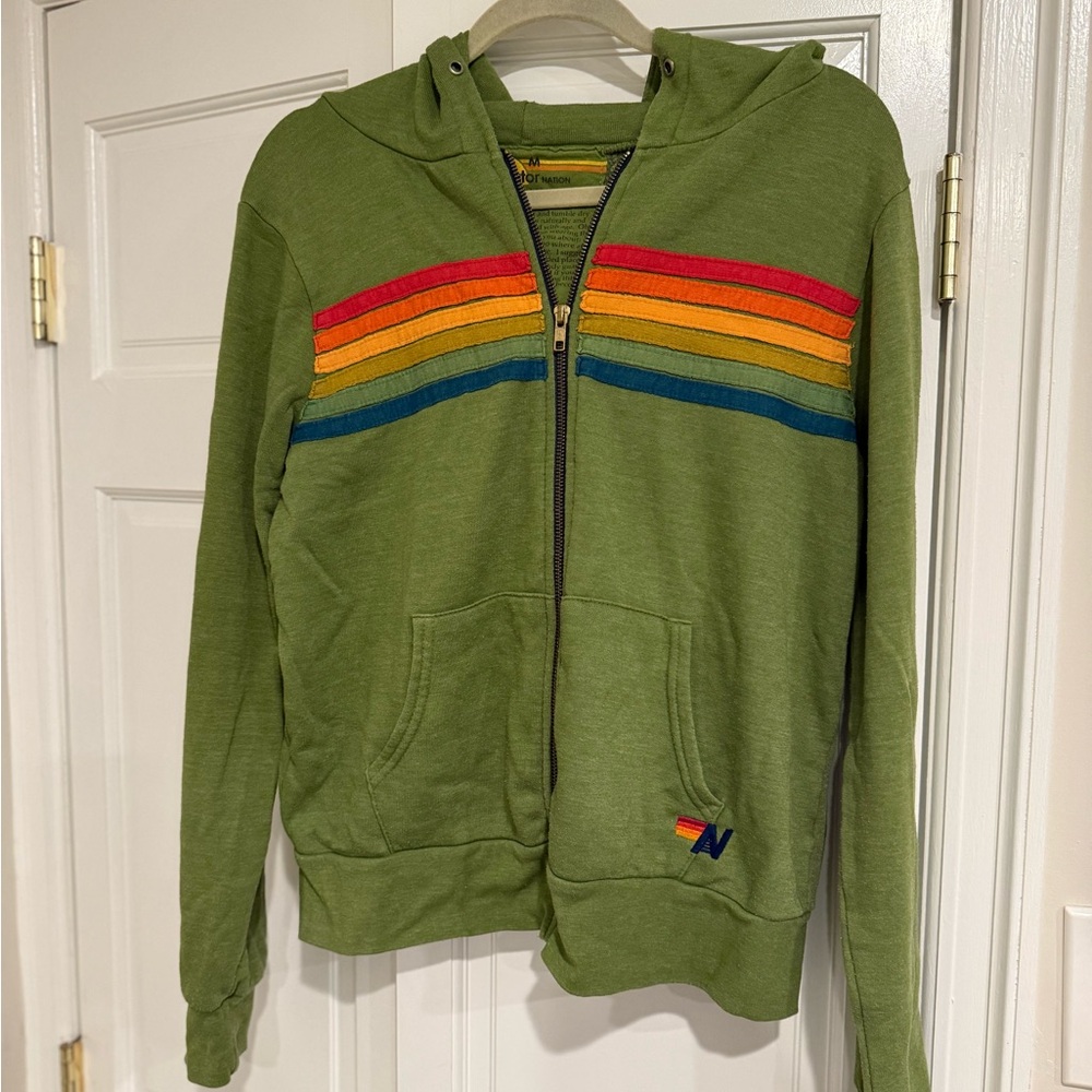 Aviator Nation Green and Red Hoodie with Rainbow Stripes
